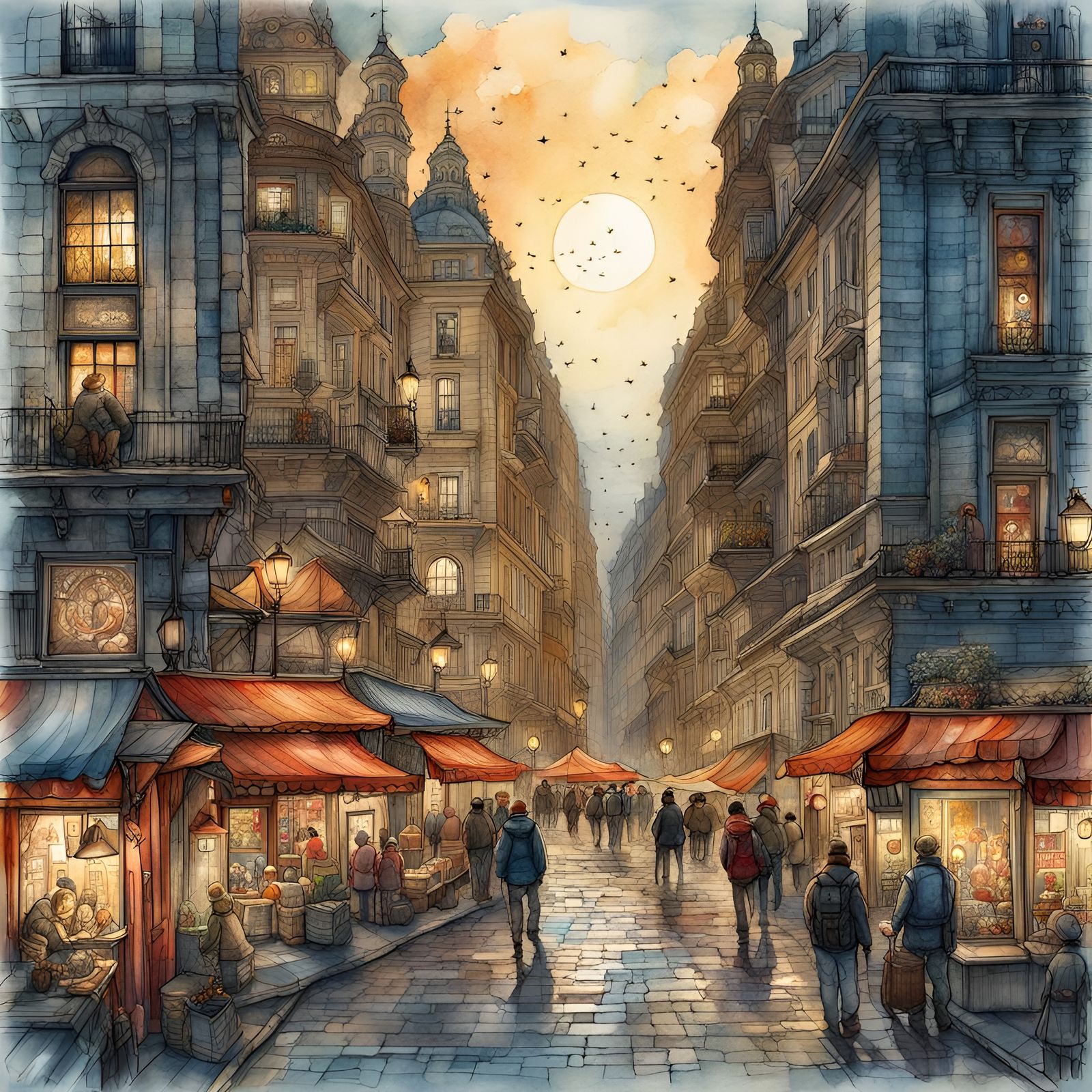 City of Lights in Detailed Mixed Media Artwork