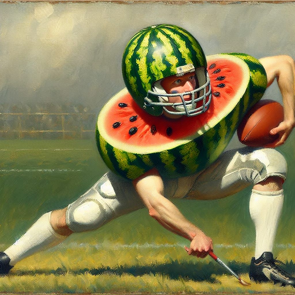 Football Player with Watermelon Helmet in Oil Painting