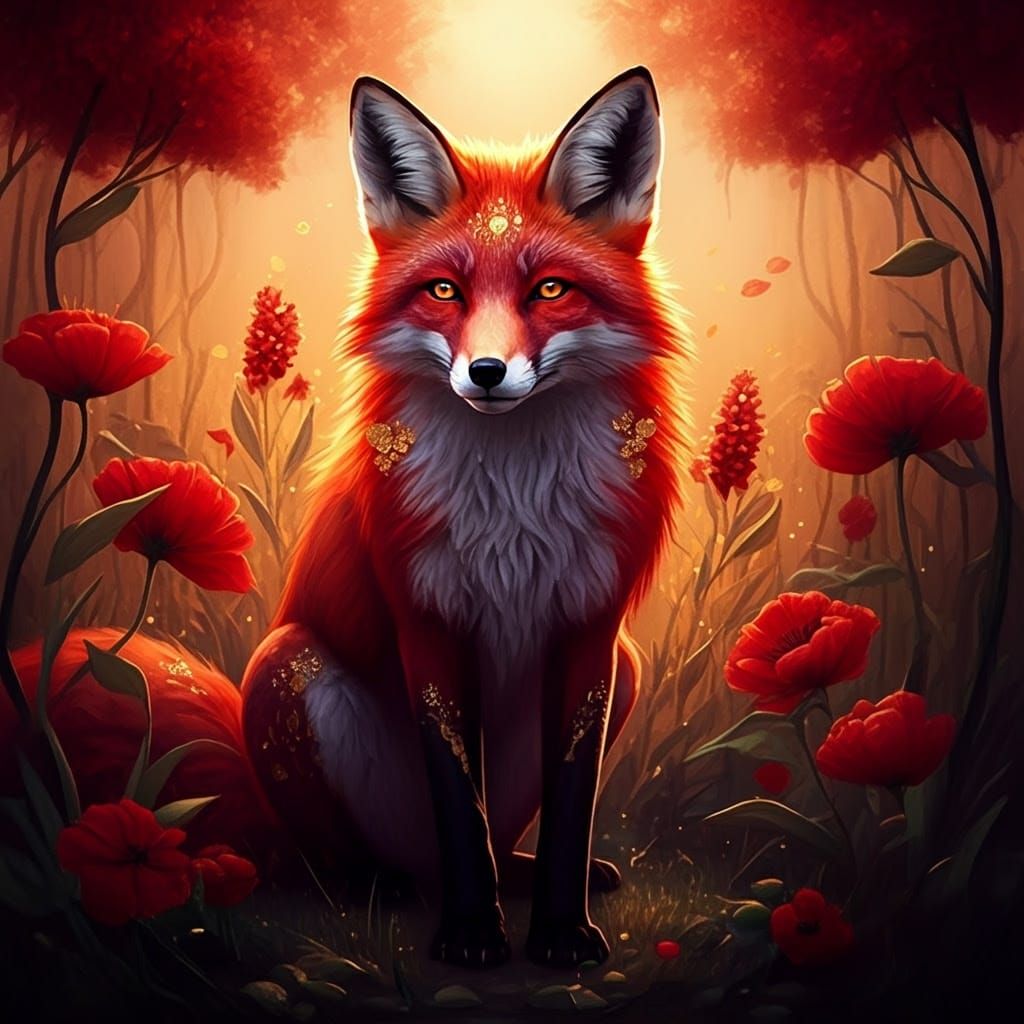 Whimsical Crimson Fox in a Summer Meadow