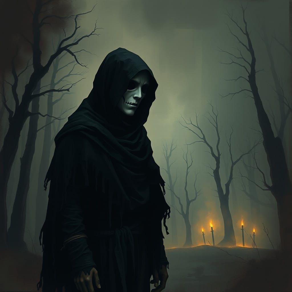 Enigmatic Figure in Haunted Forest, Inspired by Gothic Art