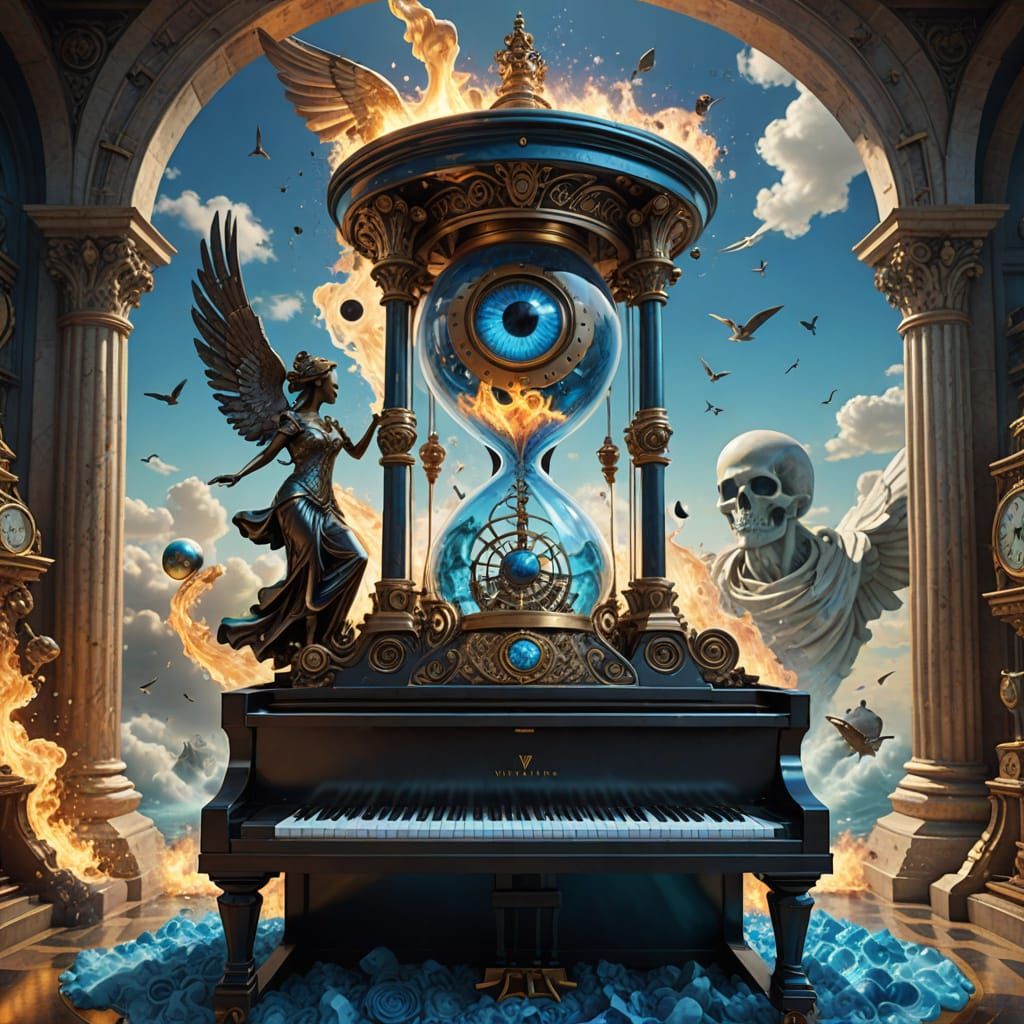 Surreal Steampunk Hourglass & Burning Piano Dreamscape