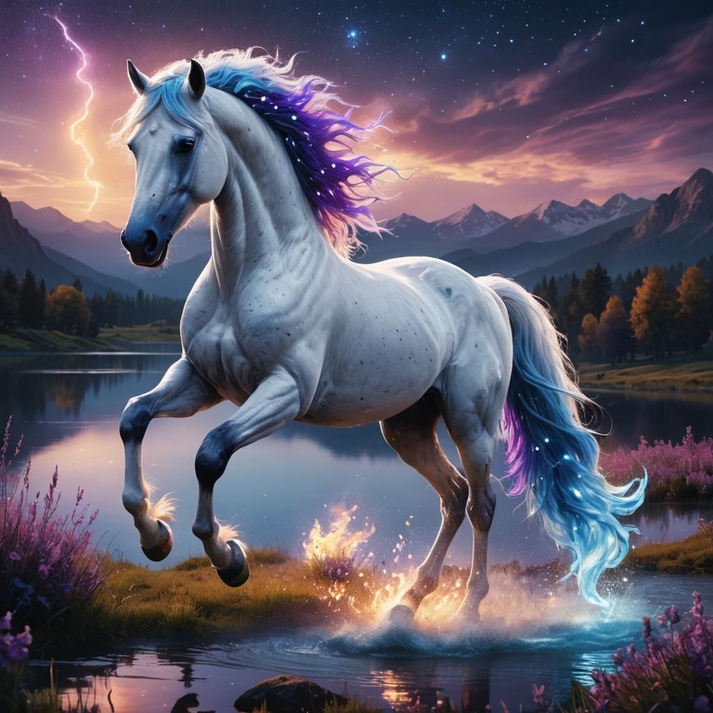 Flaming Mane Horse Rearing in Fantasy Meadow