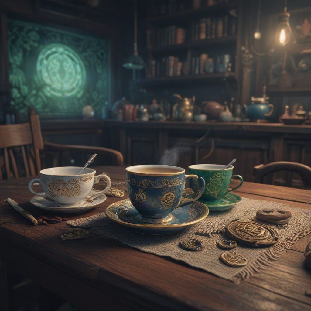 Whimsical Duel of Kawa and Herbata in Ancient Mystical Realm