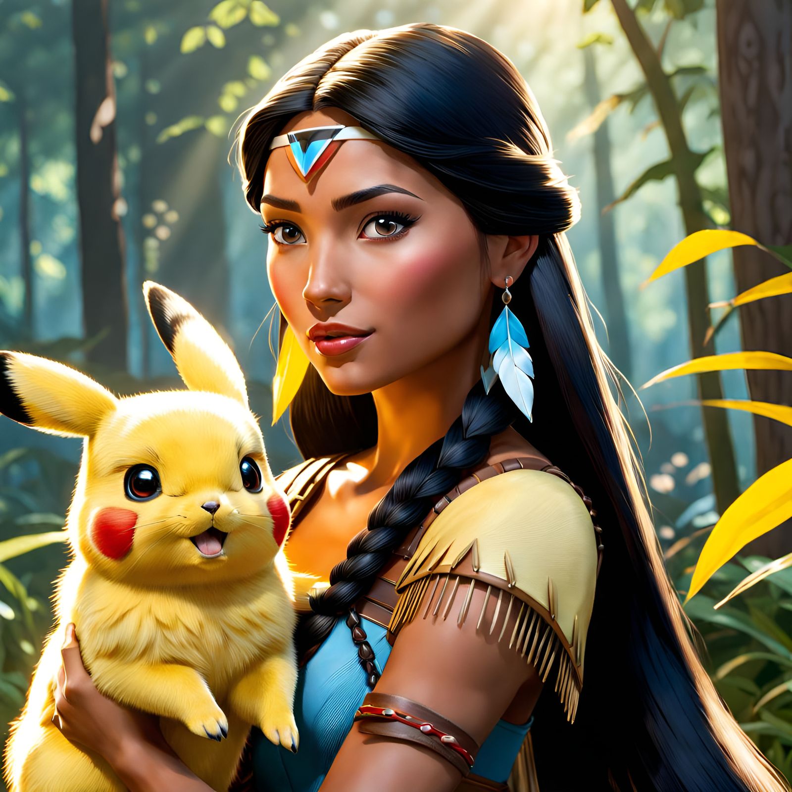Pocahontas and Pikachu in Hyperrealistic Style