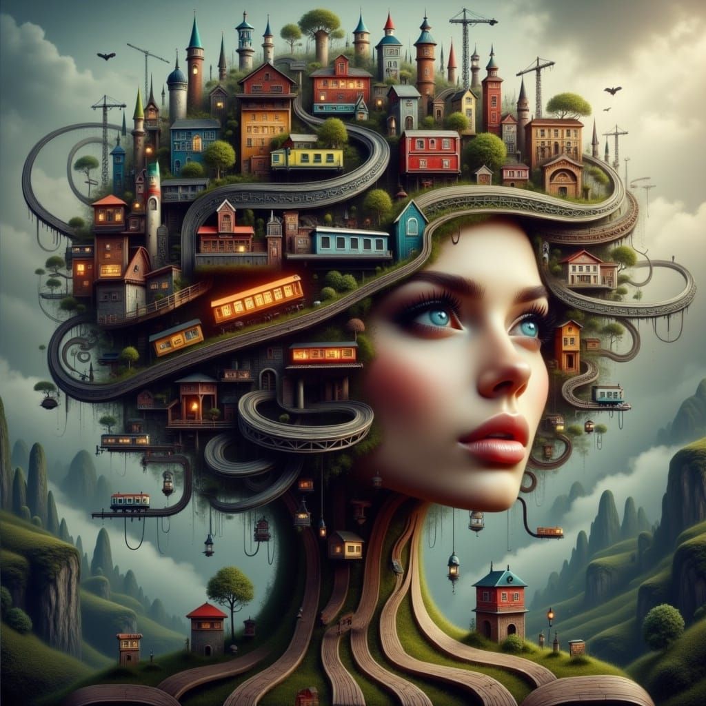 Surreal Woman with Railway Hair in a Whimsical Landscape