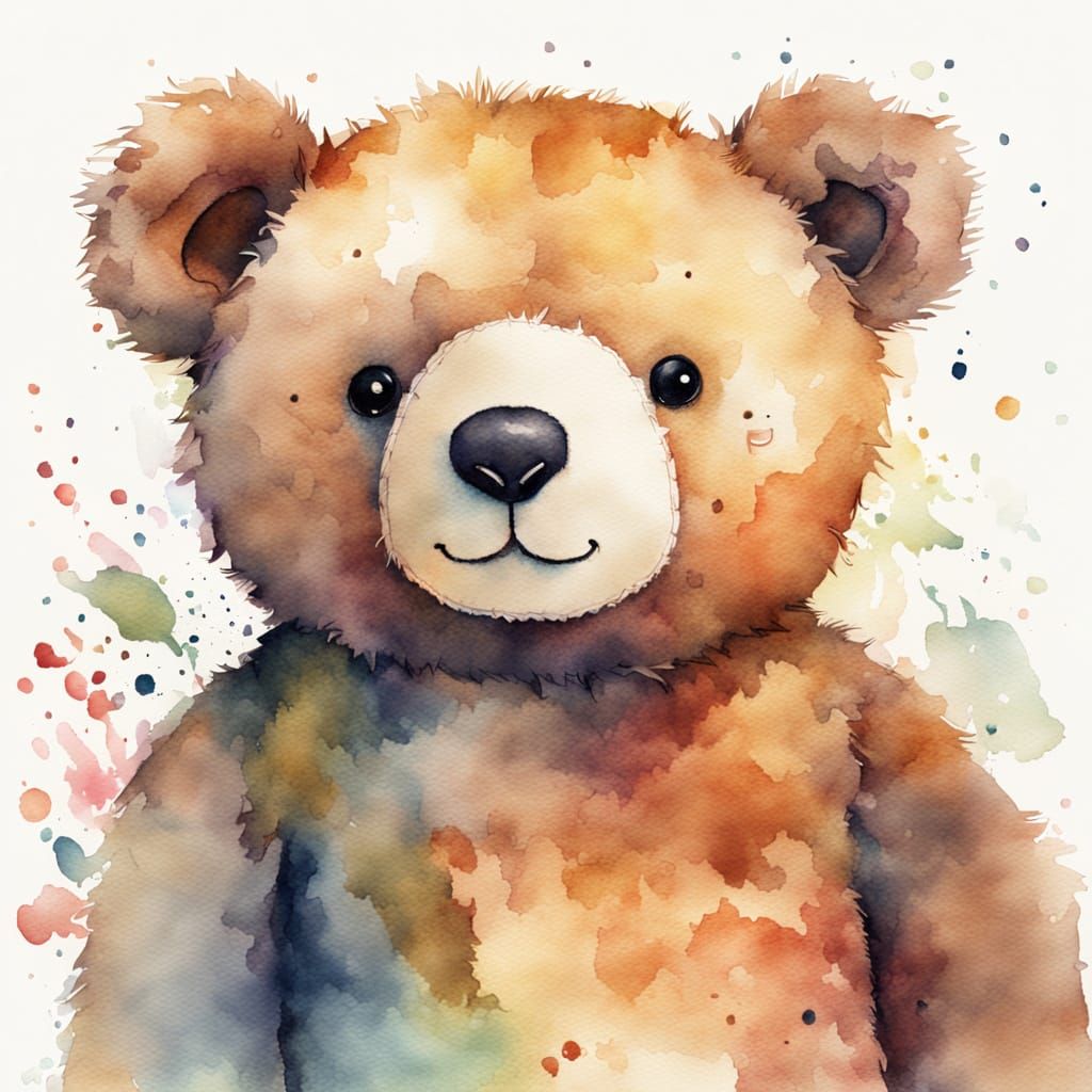 Watercolor Teddy Bear Portrait with Stitched Tummy