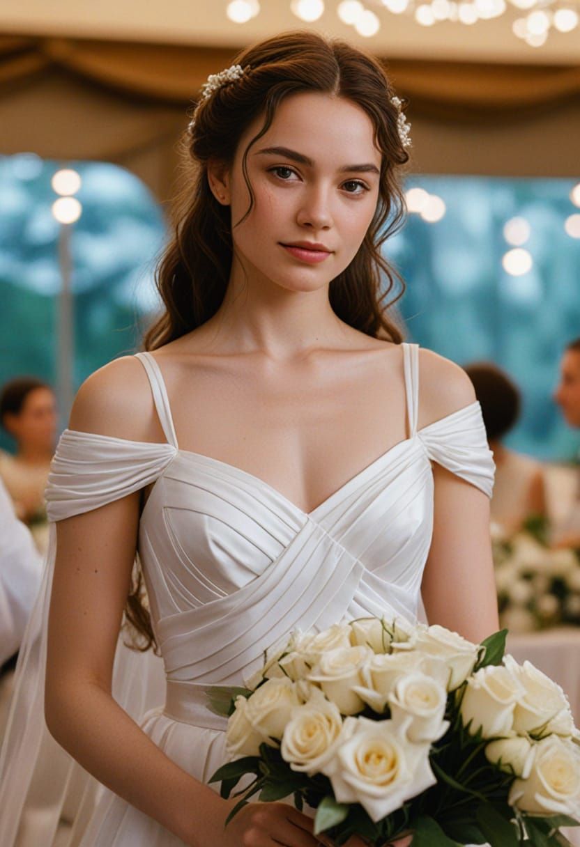 Goddess in White Dress Holding Flowers