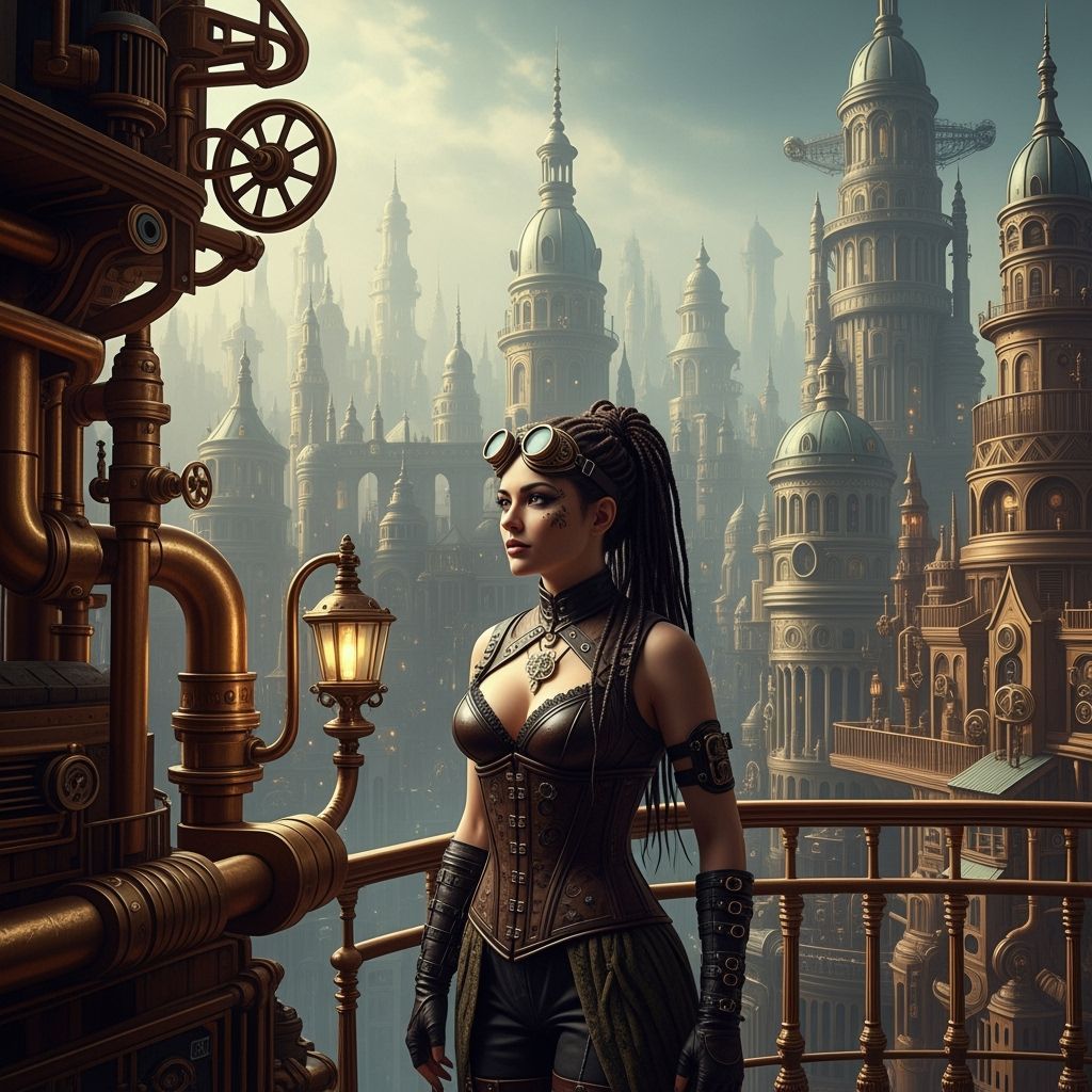 Steampunk Woman in Sci-Fi Cityscape