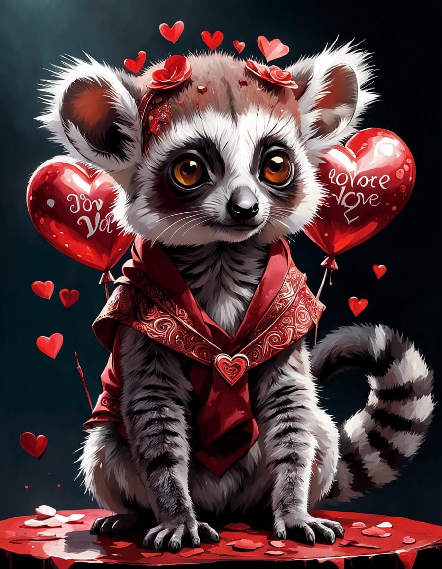 Charming Baby Lemur in Valentine's Day Attire, Digital Paint...