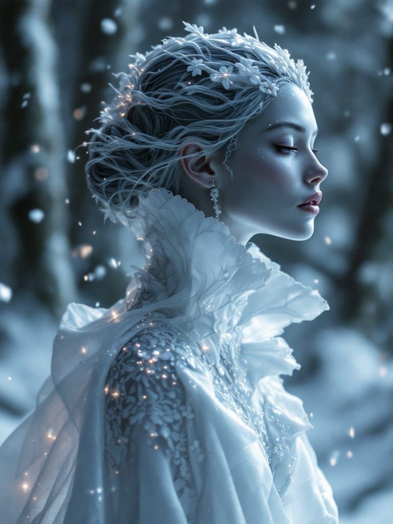Ethereal Snow Queen in Luxurious, High-Fashion Winter Attire