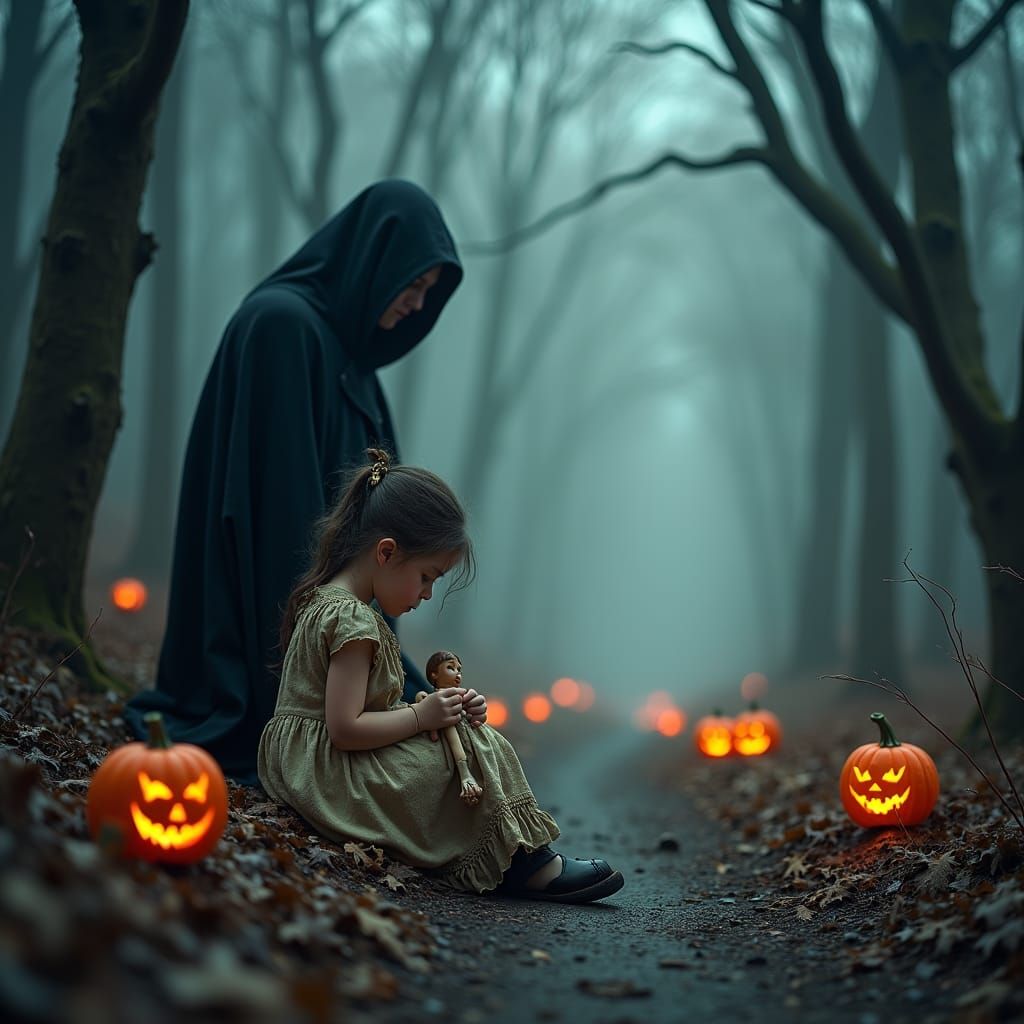 Ethereal Forest Scene with Girl and Grim Reaper