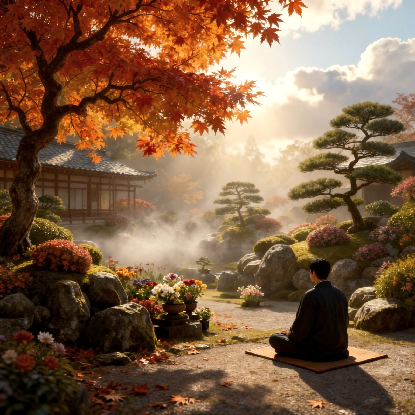 Peaceful Japanese Garden on Misty Autumn Morning