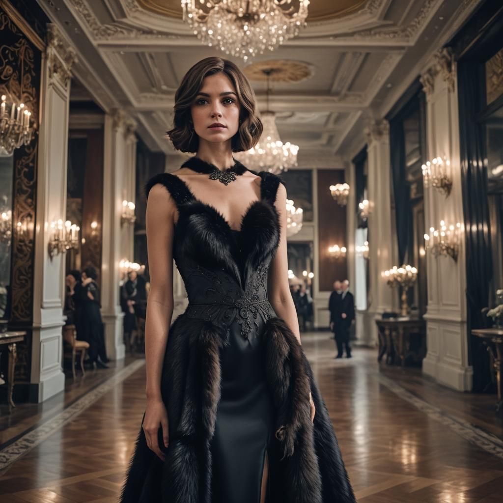 Woman in Fur Gown in Ballroom, Hyperrealistic