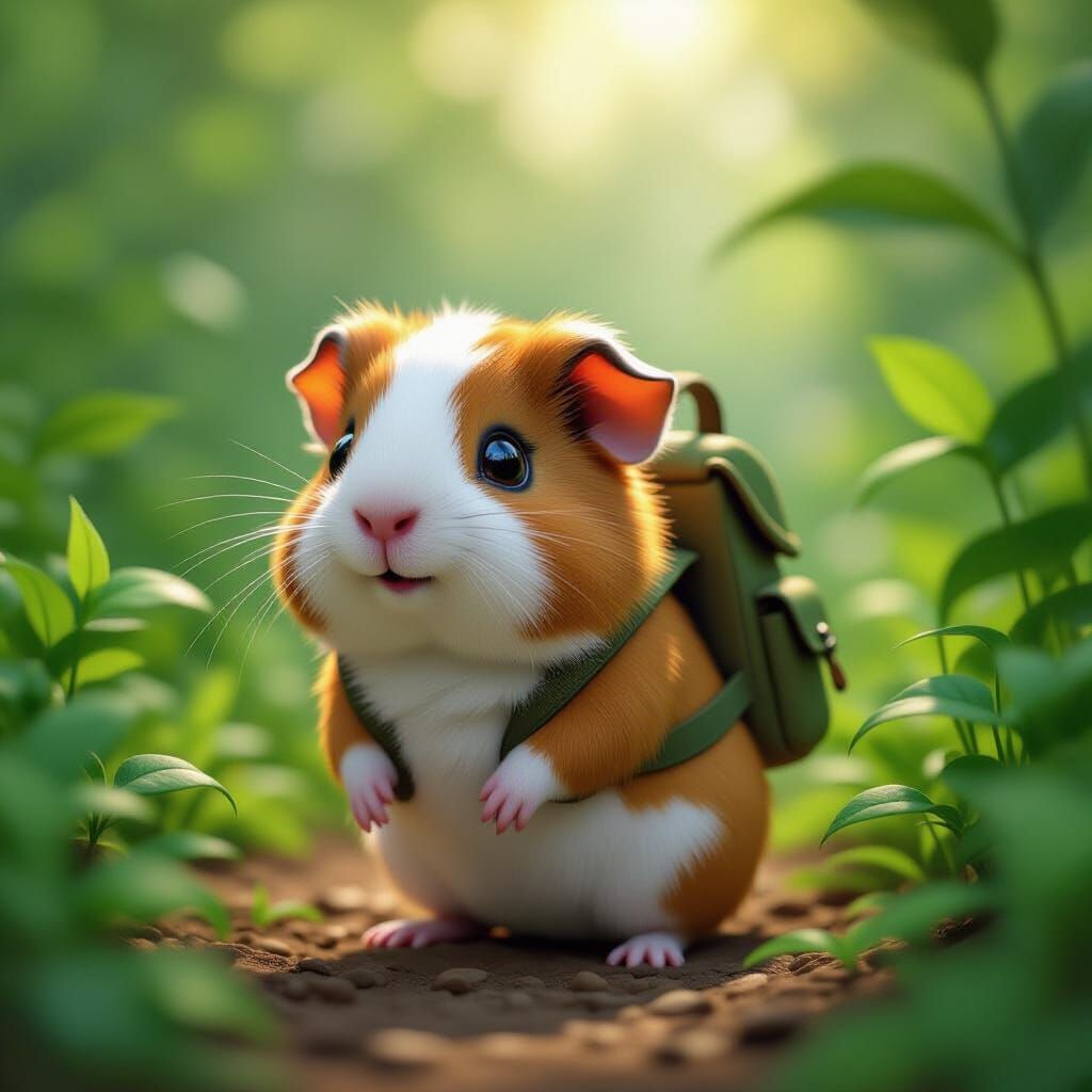 Anime Guinea Pig with Backpack in Lush Environment
