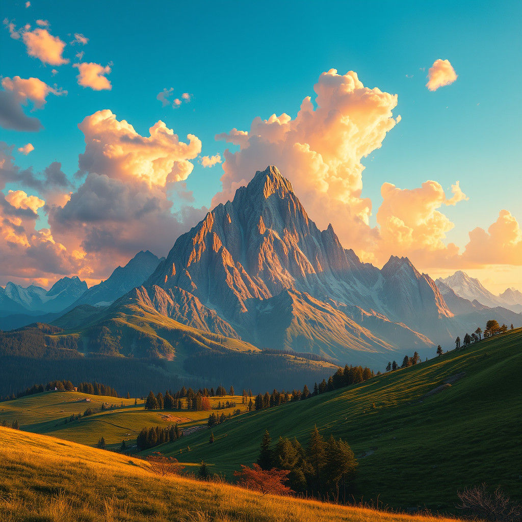 Majestic Mountain Sunset Landscape in Fantasy Style