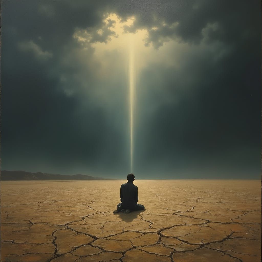 Hope in Despair: Figure Kneeling Under Stormy Sky