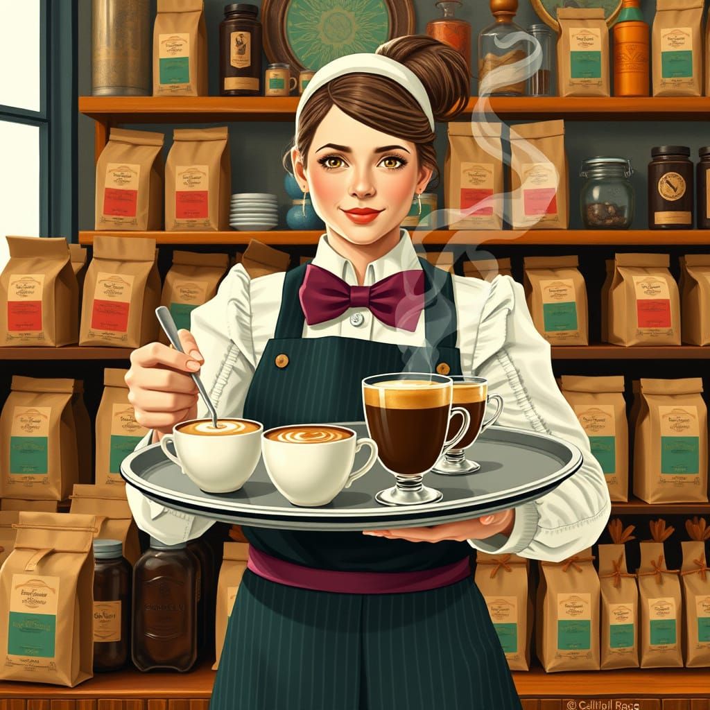 Barista with Latte and Mocha in Beatrix Potter Style