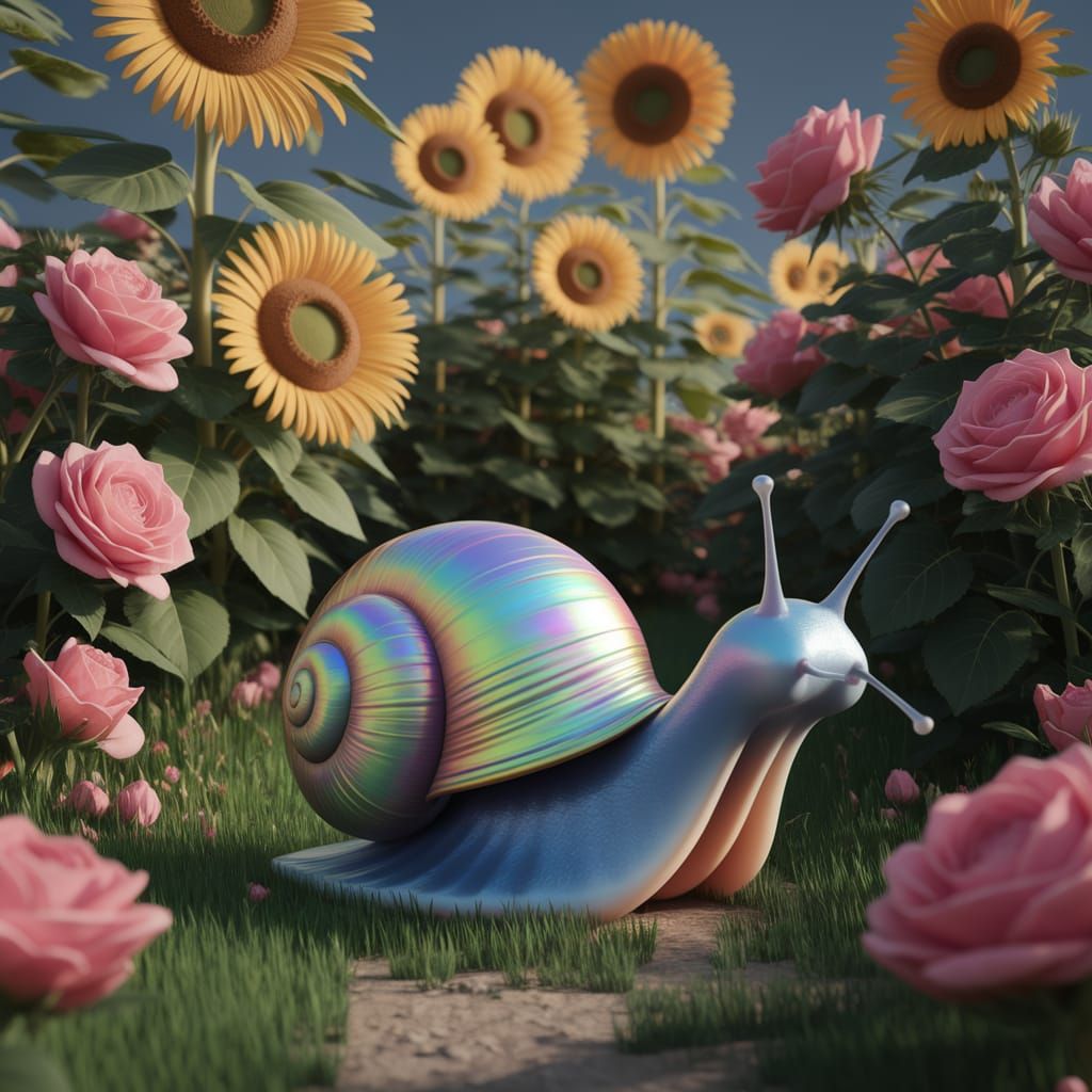 Iridescent Snail's Garden Adventure in Photorealistic Style