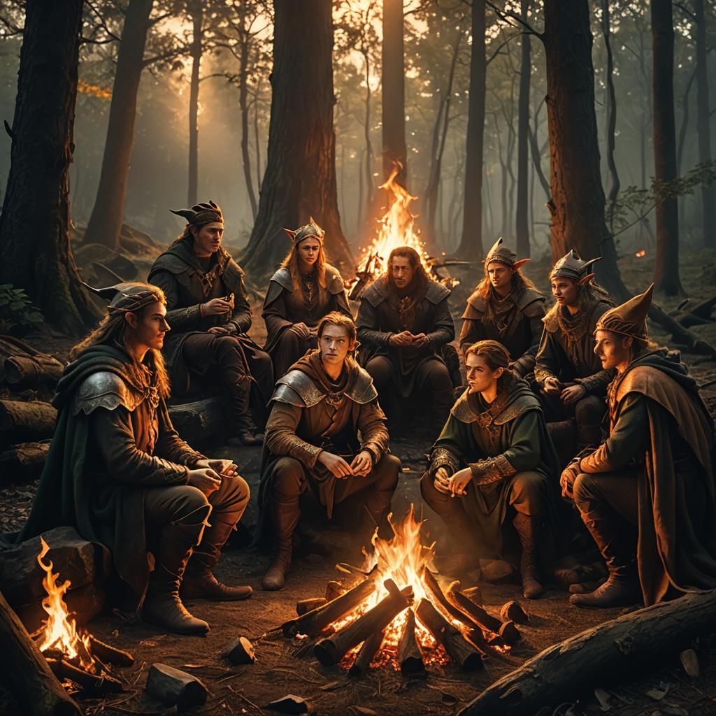 Fantasy Adventurers Gather Around Campfire in Woods