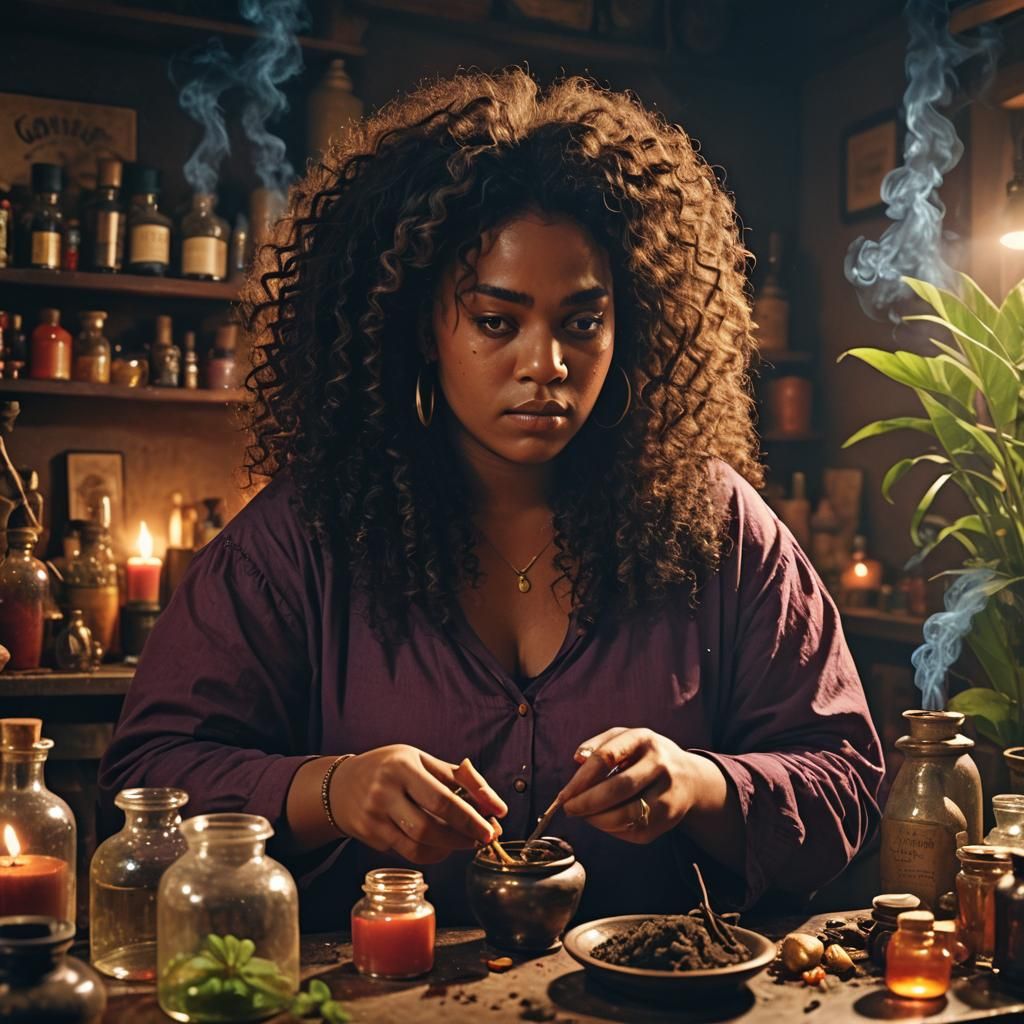 Caribbean Woman Mixing Herbal Potions in Film Aesthetic