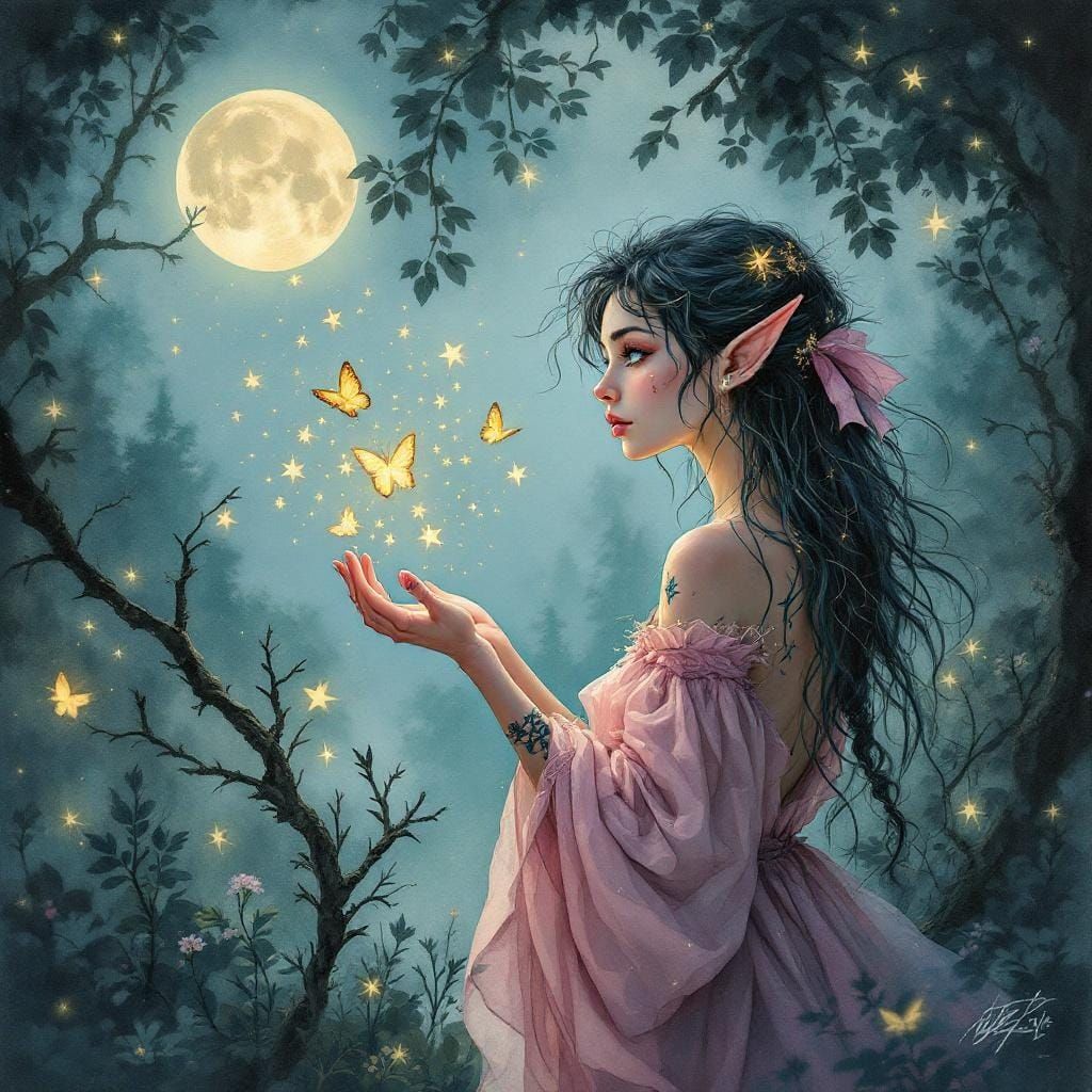 Elven Girl and Star Butterfly in Enchanted Forest