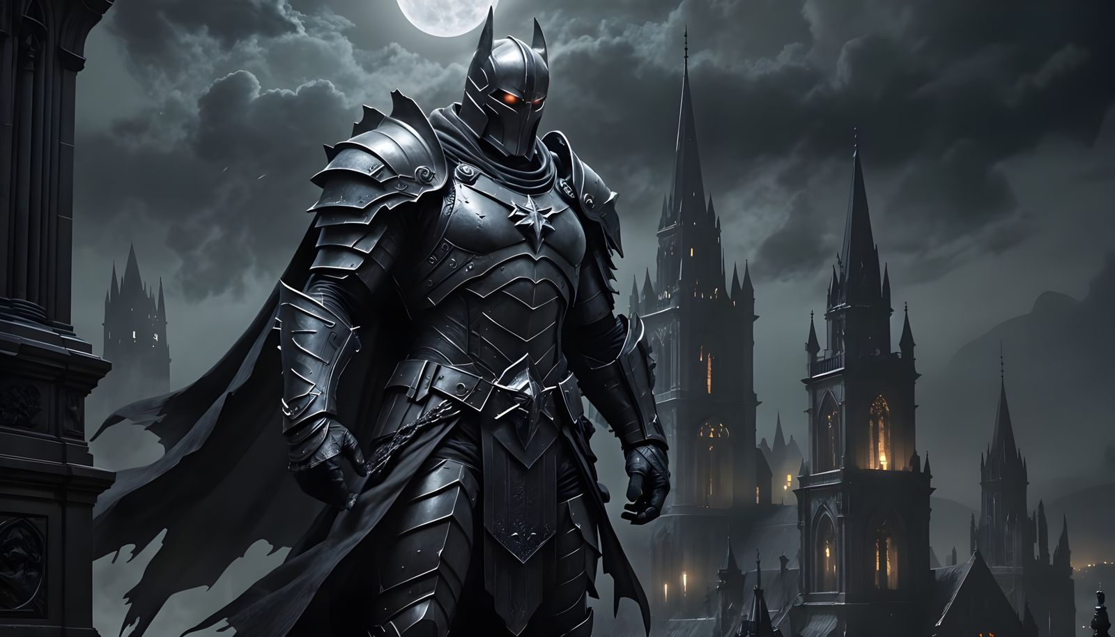 Gothic Paladin Towers Over Dark Cityscape in Charcoal Drawin...