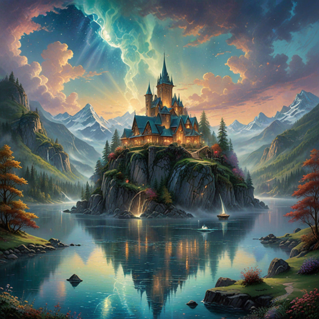 Ethereal Jade Mountain in Vibrant Cosmic Landscape