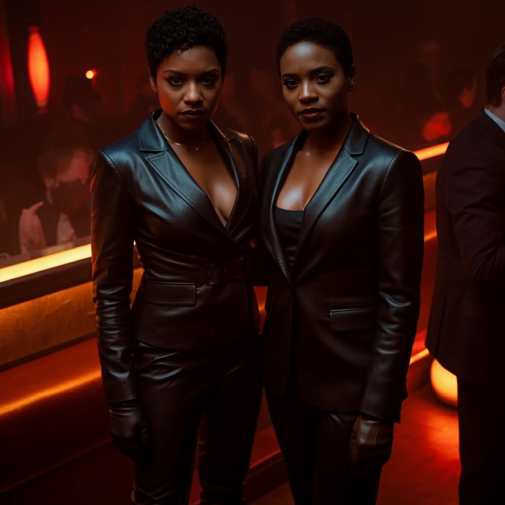 Sleek Women in Leather Suits Under Chiaroscuro Lighting