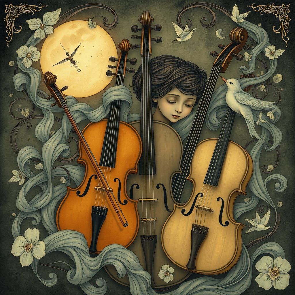 Surreal Stringed Instruments in Art Nouveau Style
