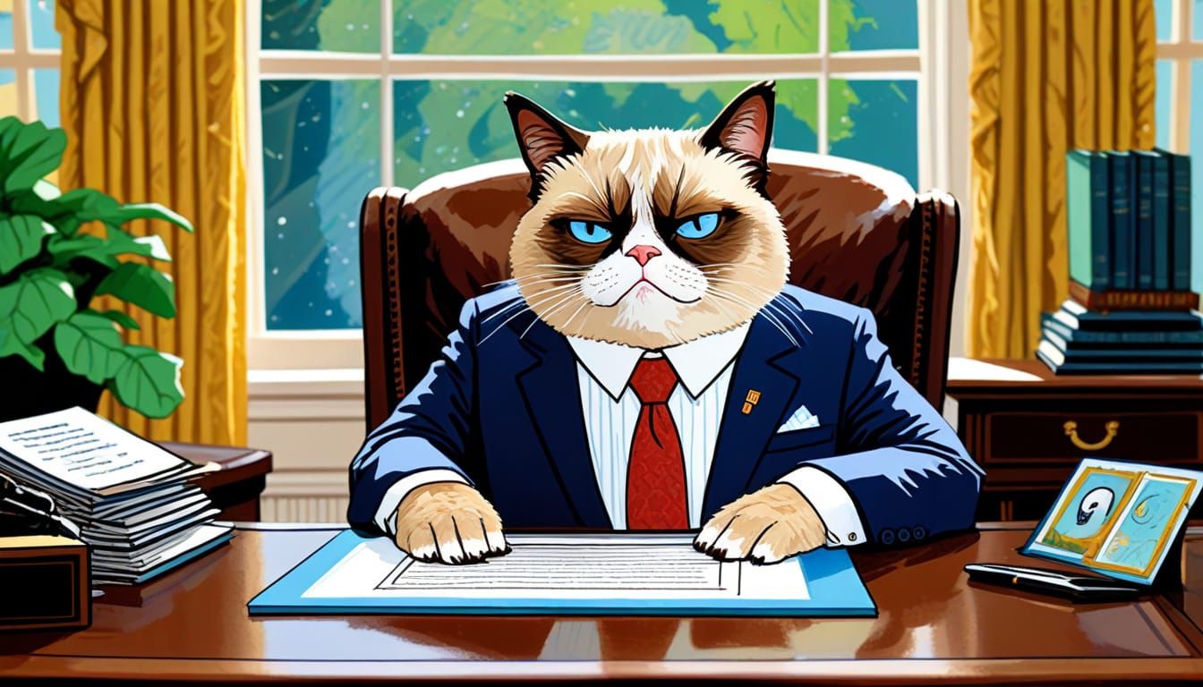 Grumpy Cat as President in Oval Office Comic Style