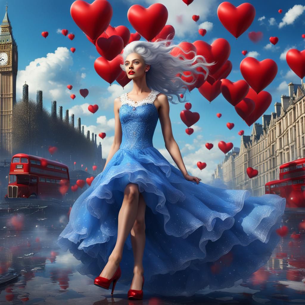 M3gan in Blue Dress with Hearts Sky, Detailed Art
