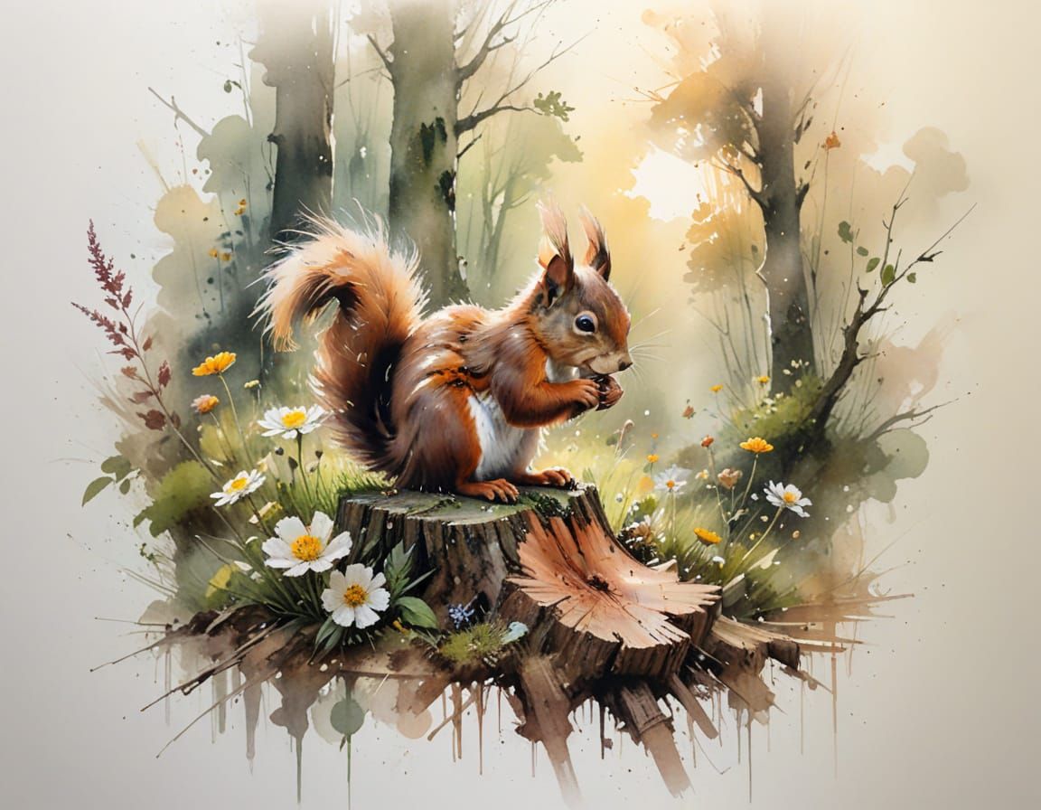 Red Squirrel with Acorn in Sunlit Woodland Clearing