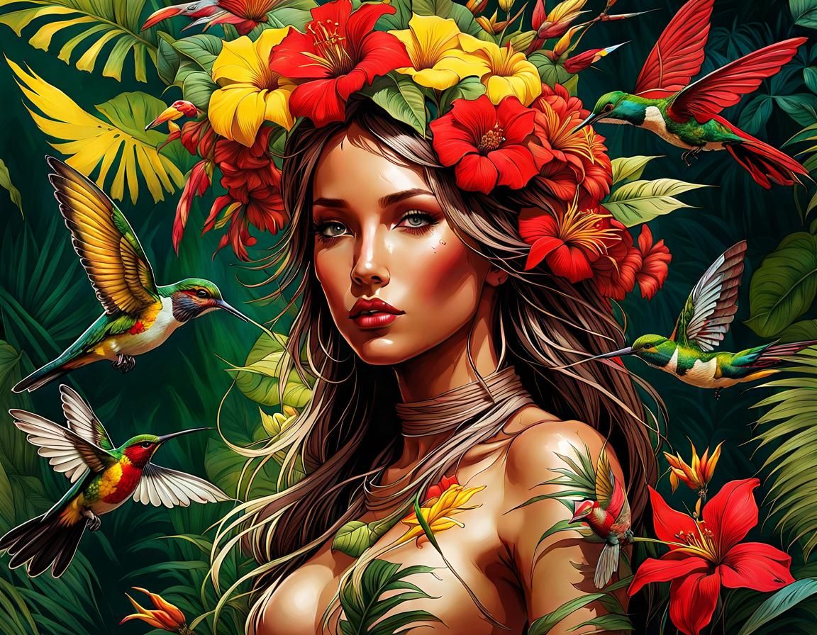 Jungle Girl Illustration with Flowers and Birds