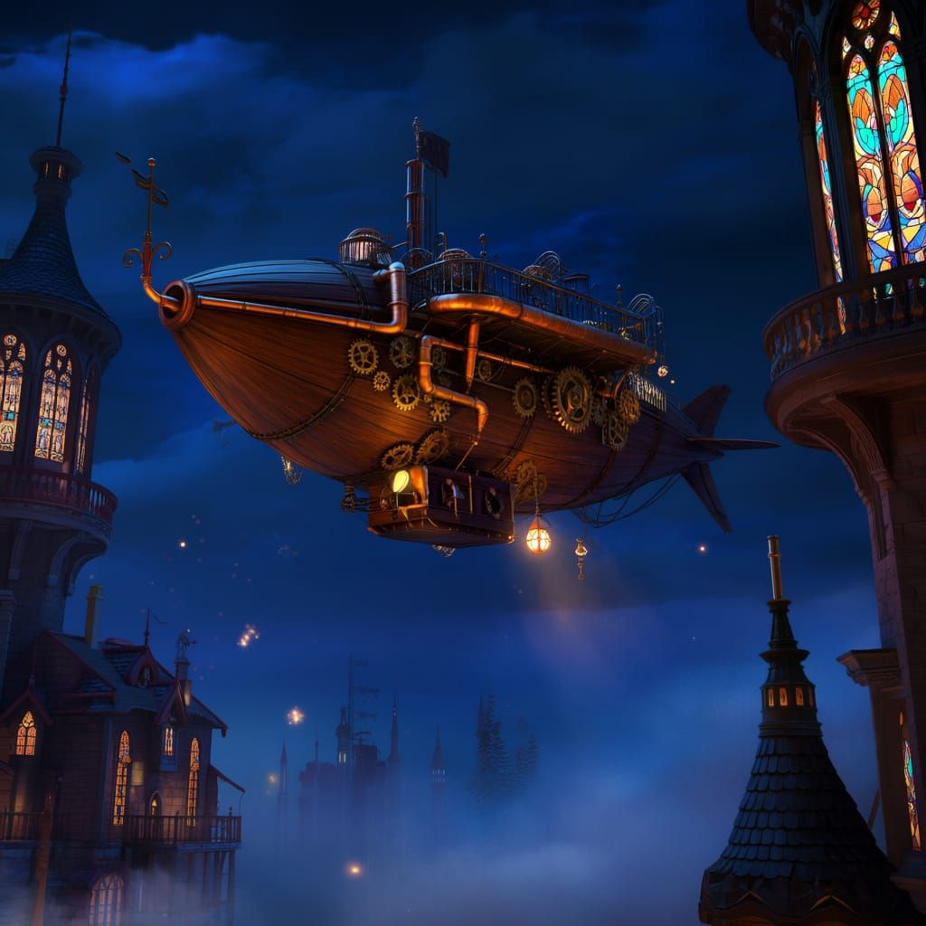 Steampunk Airship in Mystical Night Sky