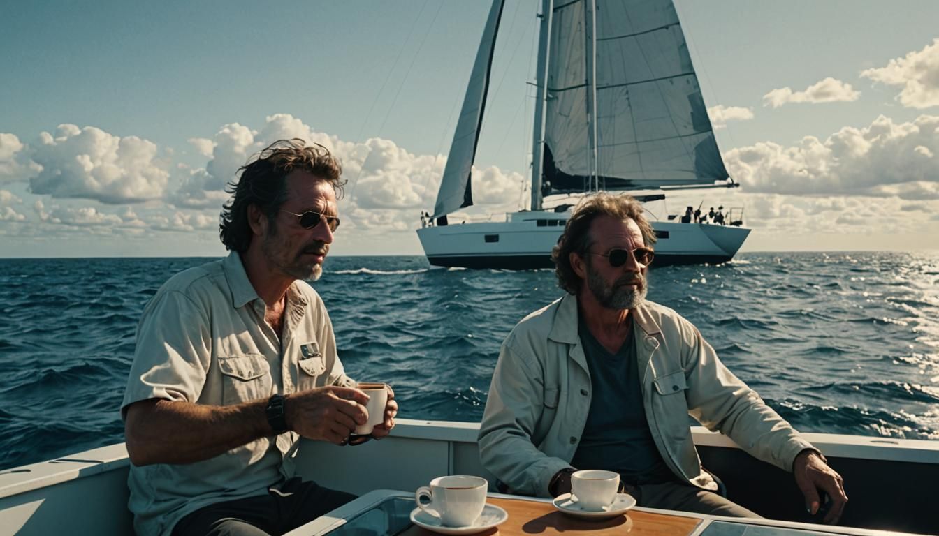 Futuristic Sailor on Catamaran: Cinematic Film Still