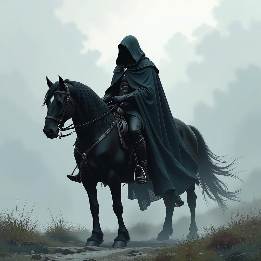 Cloaked Rider on Black Horse in Misty Landscape