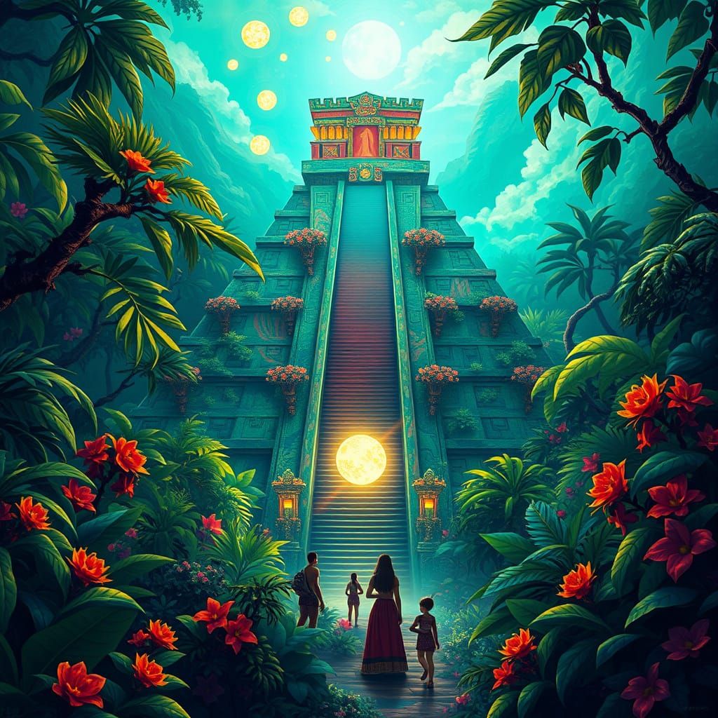 Ethereal Mayan-Aztec Pyramid Radiates in Emerald Jungle