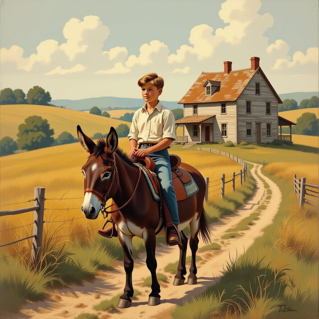 Boy on Donkey in Rural Landscape, Regionalist Style