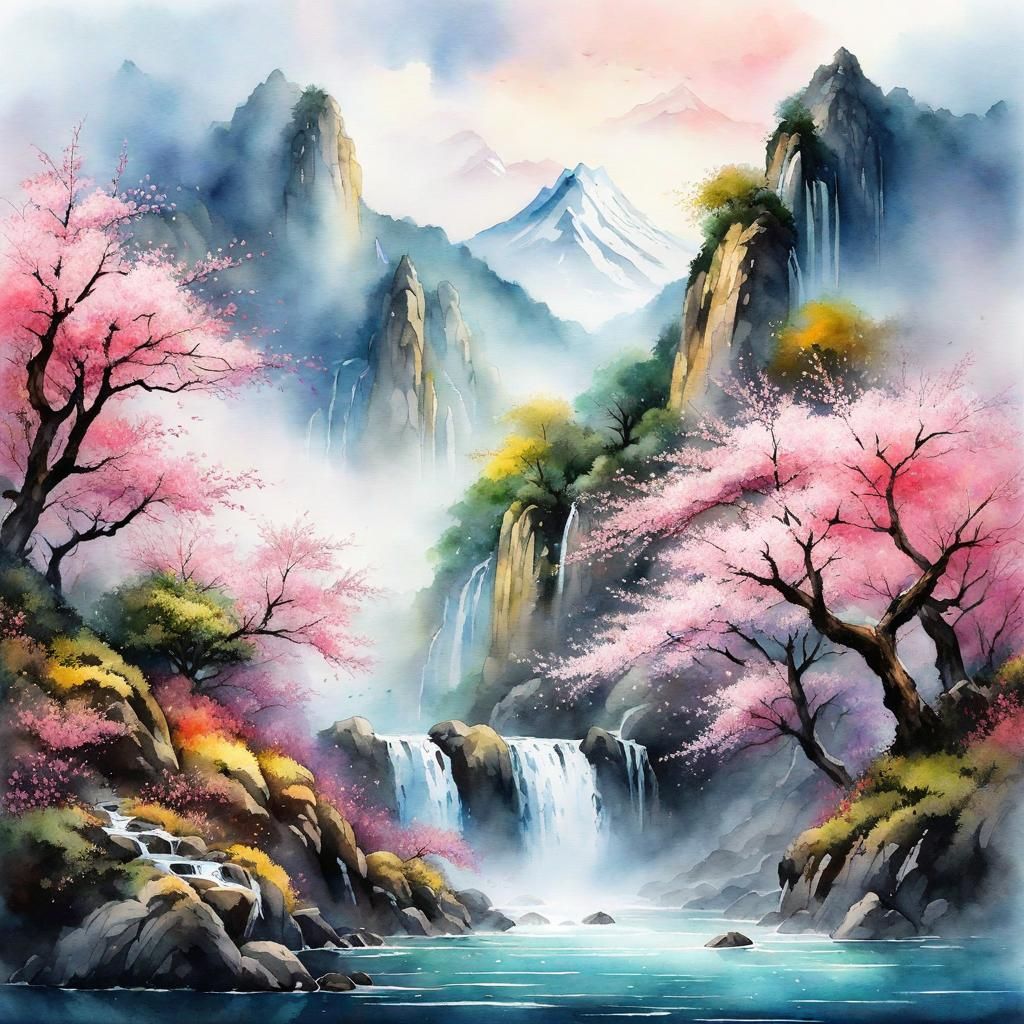 Watercolor Waterfall Scene with Sakura Trees