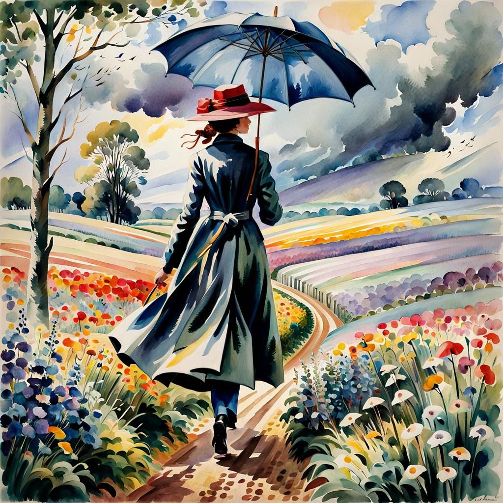Woman with Umbrella in Storm, Post-Impressionist Watercolor