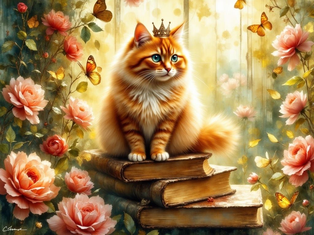 Crowned Cat in Garden, Impressionistic Style