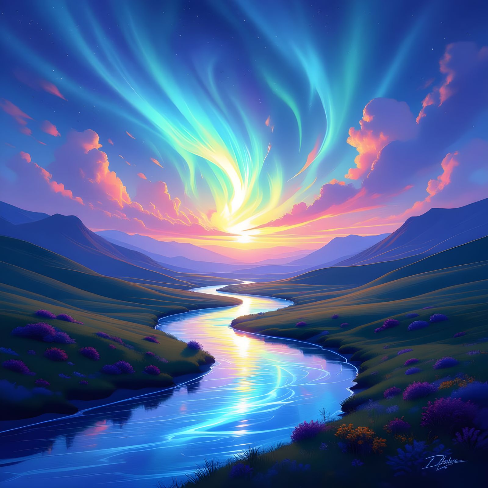 Vibrant Color River Flows Through Hills Under Aurora Sky