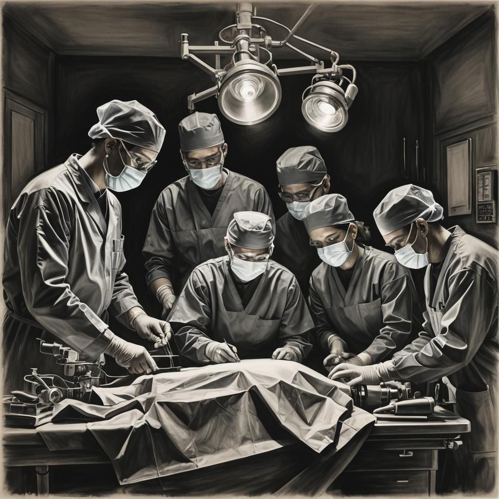 Monochromatic Charcoal Drawing of a Surgical Scene