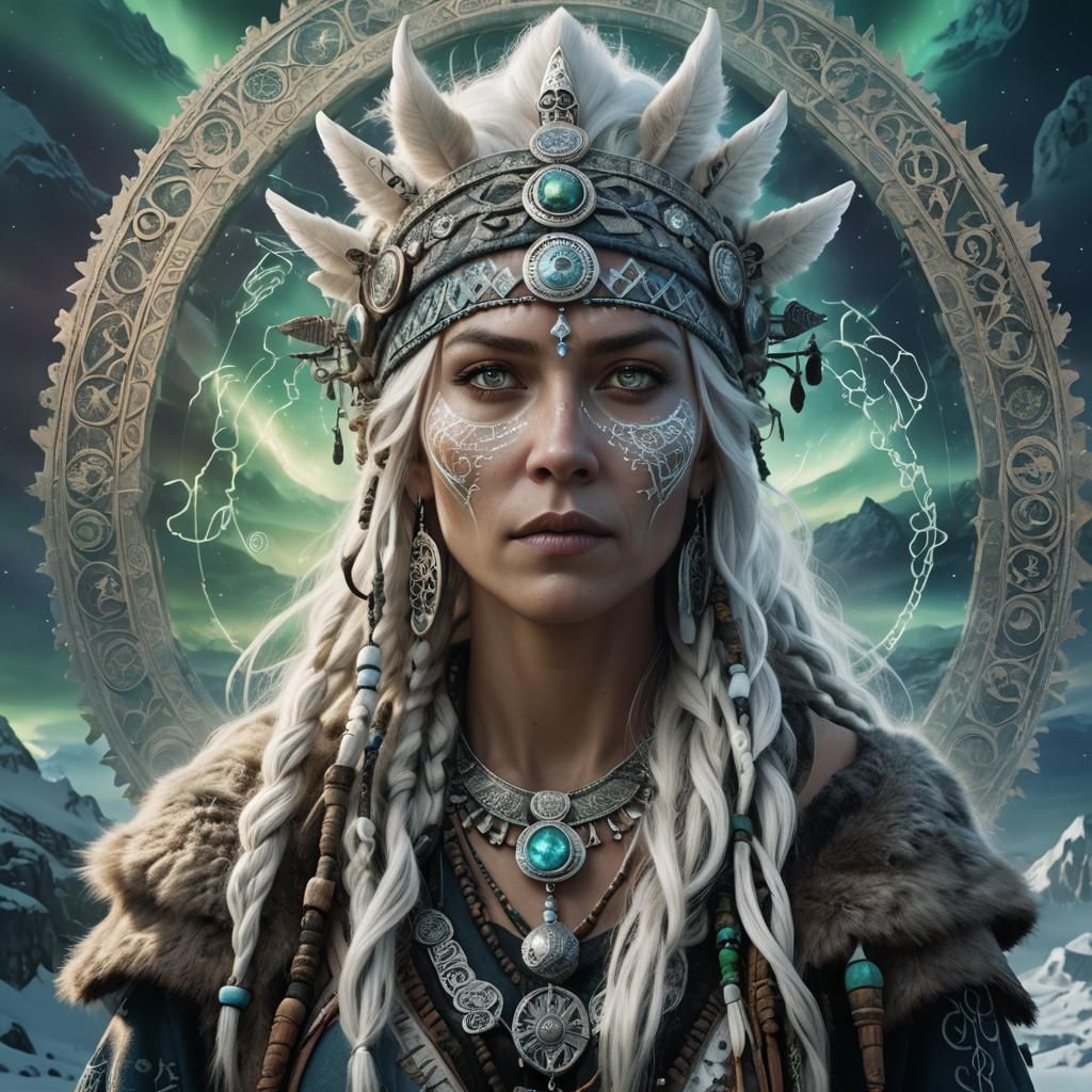 Laplander Shaman Woman in Nordic Landscape