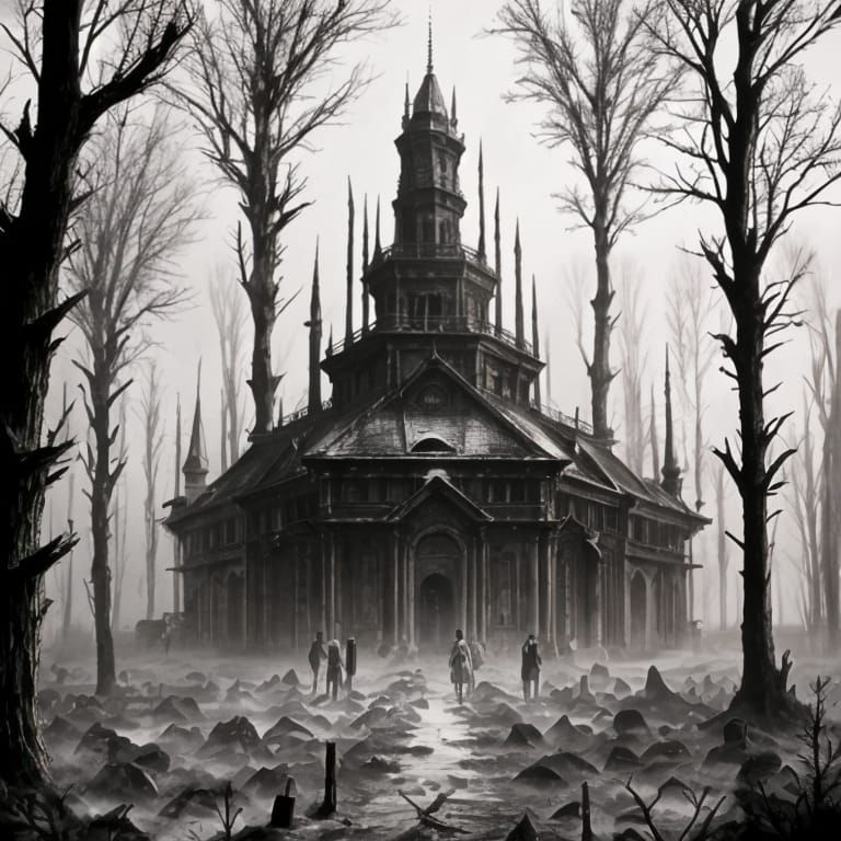 Eerie Figures in Haunted Forest: Horror Masterpiece