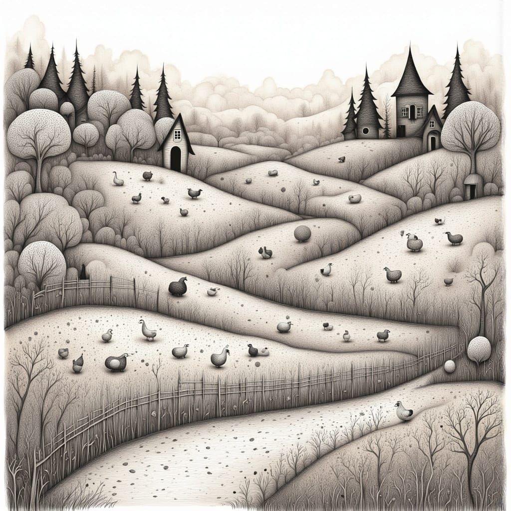 Doodle-Style Countryside Farm with Cows and Sheep