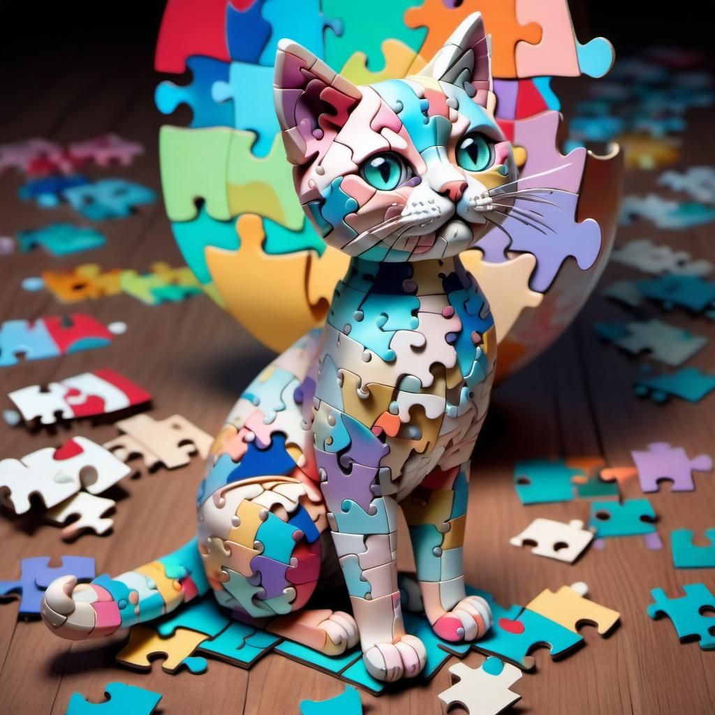 Adorable Chibi Cat Made of Jigsaw Pieces