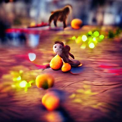 Holographic Monkey Eating Orange in Impressionistic Style