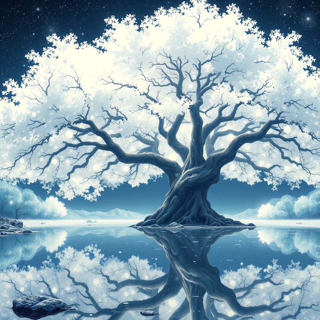 Ghost Sakura Tree at Twilight: Digital Art