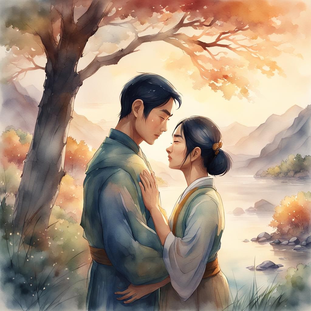 Asian Couple Embrace in Serene Watercolor Landscape